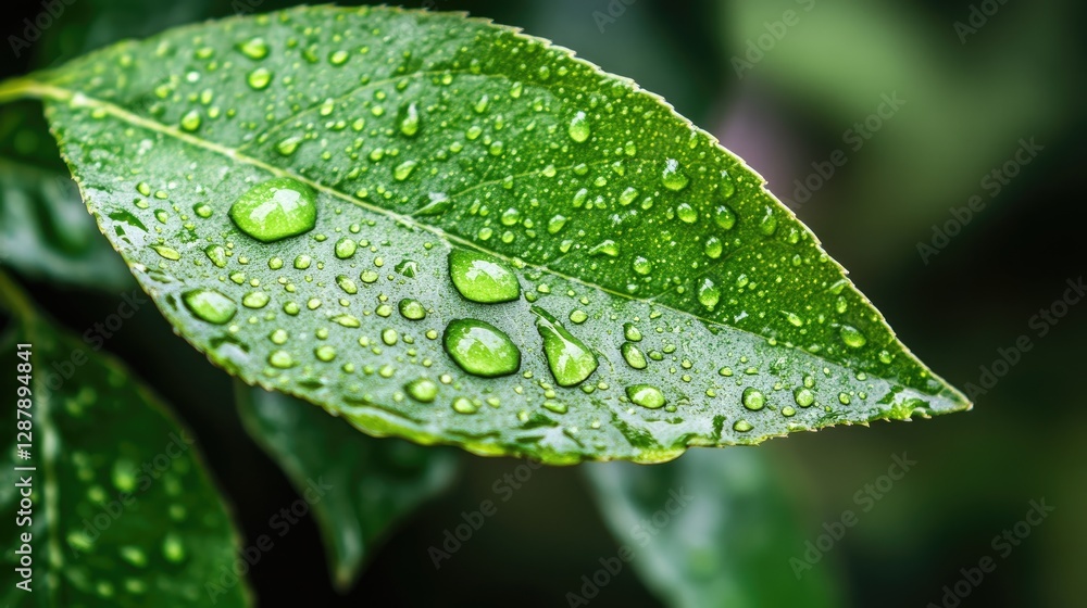 Fototapeta premium A fresh green leaf with rain droplets perched on its edges, casting reflections on the surface.