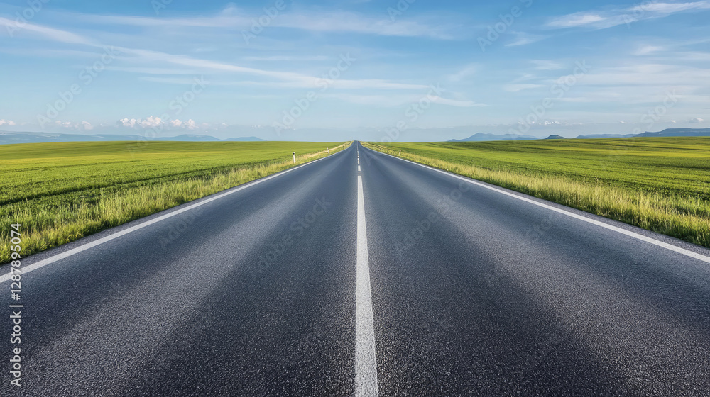 Wide road into distance, flanked by green fields and blue sky. High-definition, horizontal composition. Serene beauty. Wide road into distance, flanked by green fields and blue sky. High-definition, horizontal composition. Serene beauty.