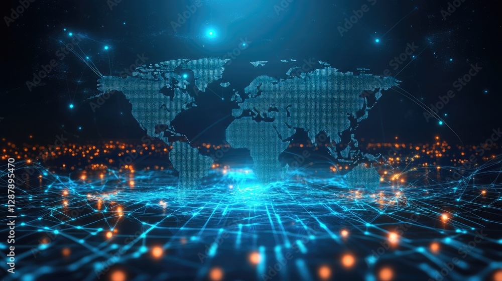 Fototapeta premium A futuristic support center concept with a digital world map and glowing network connection points.