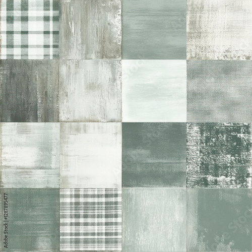 Textured pattern Gray, green, white squares create a rustic, plaid tile design; neutral background
