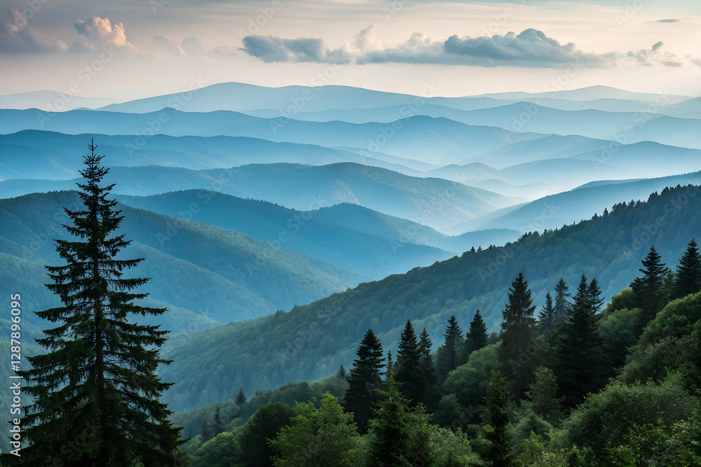 Obraz premium Misty Mountain Landscape: Evergreen Forests & Serene Wilderness Views
