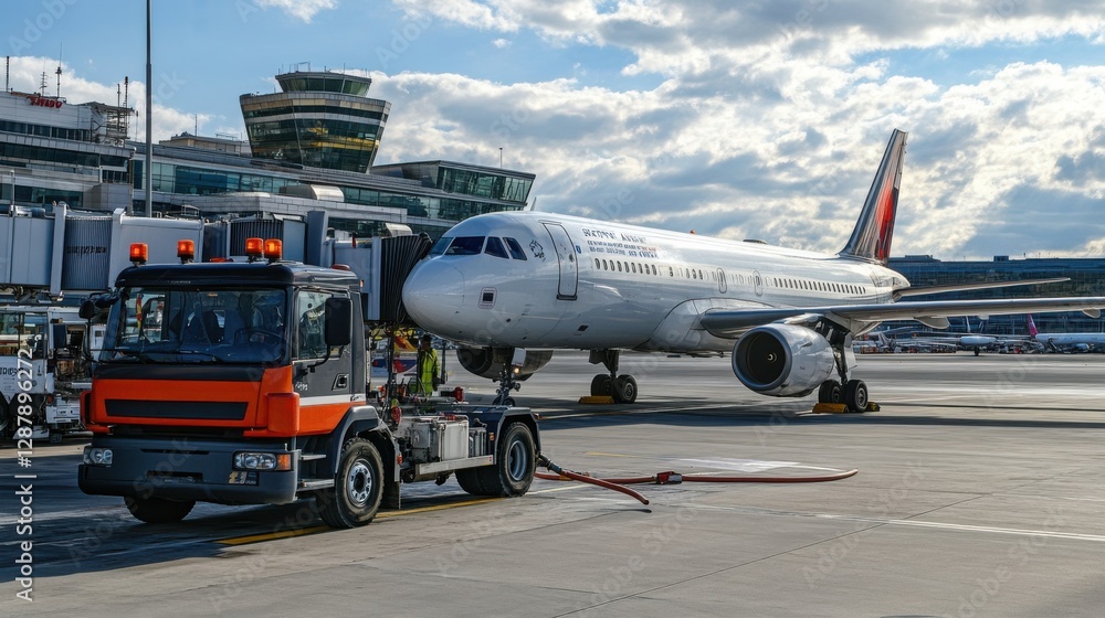 A refueling truck servicing a parked aircraft at the gate A refueling truck servicing a parked aircraft at the gate