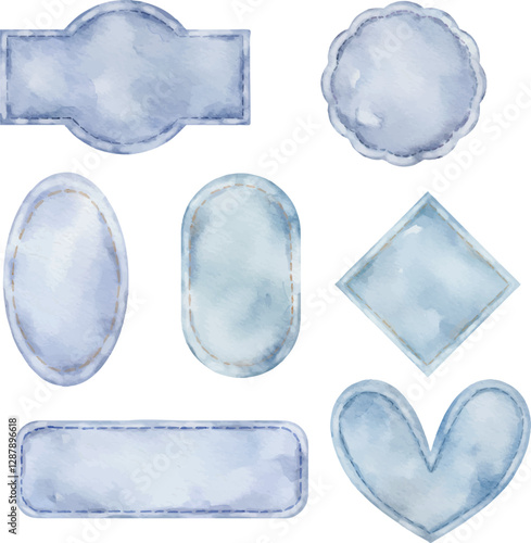 Watercolor illustration of denim patch illustration set for label
