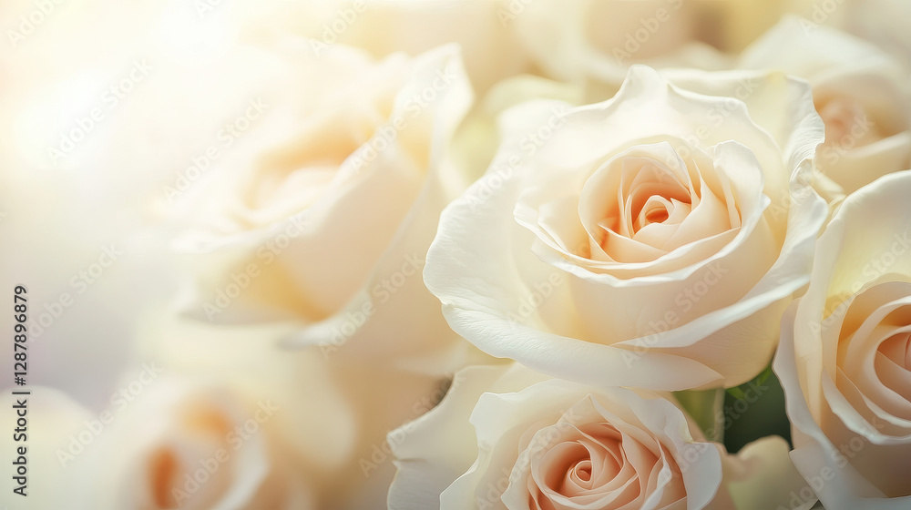 Fototapeta premium An artistic close-up of delicate ivory roses, petals gently unfurling with a subtle luminescent glow