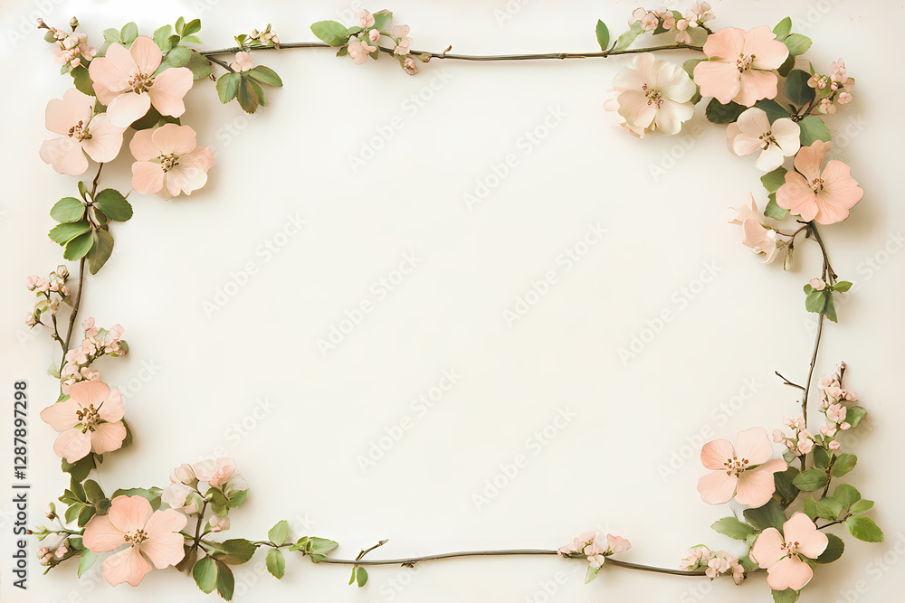Fototapeta premium Delicate peach blossoms arranged in a rectangular frame on a creamy background. Perfect for spring or wedding themes.
