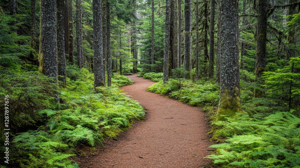Fototapeta premium A lush evergreen forest path lined with trees, creating a tranquil and peaceful retreat for nature lovers.