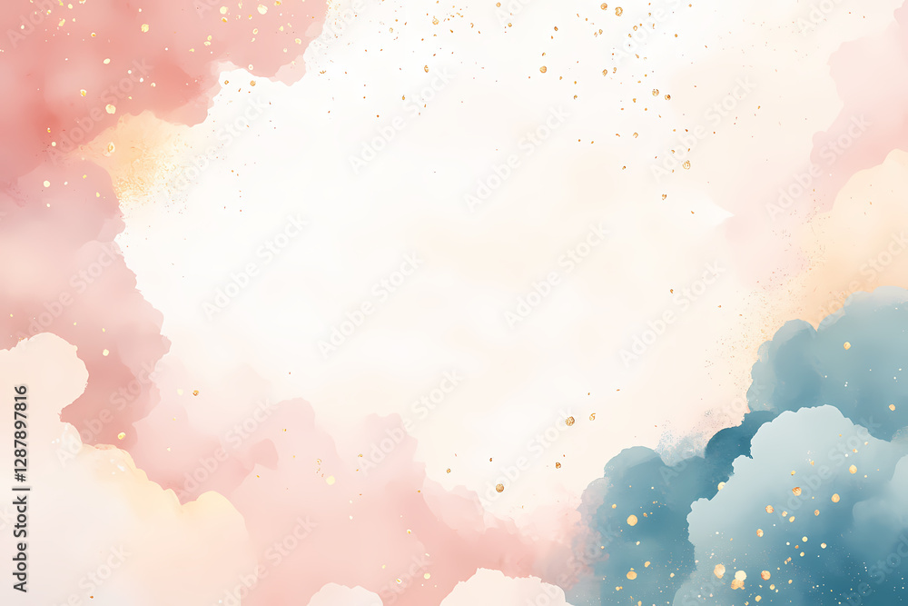 Soft pastel pink and blue watercolor clouds with gold accents. Dreamy, ethereal background perfect for design projects. Soft pastel pink and blue watercolor clouds with gold accents. Dreamy, ethereal background perfect for design projects.