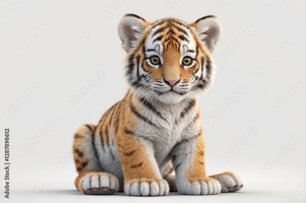 Obraz premium Adorable tiger cub sitting on white background.