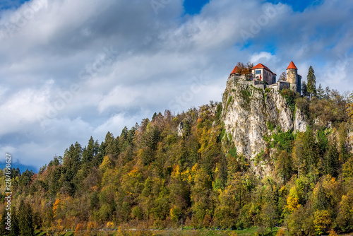 Medieval castle on Bled lake in Slovenia photo