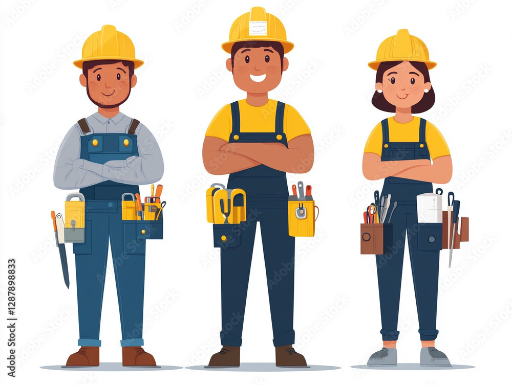 Three construction workers standing confidently in uniform Three construction workers standing confidently in uniform