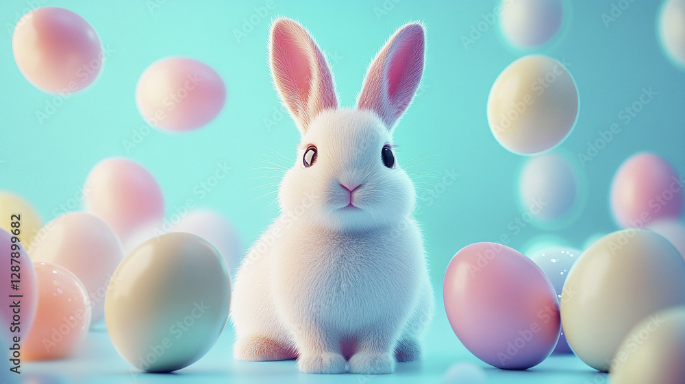 Obraz premium cute white rabbit surrounded by colorful Easter eggs