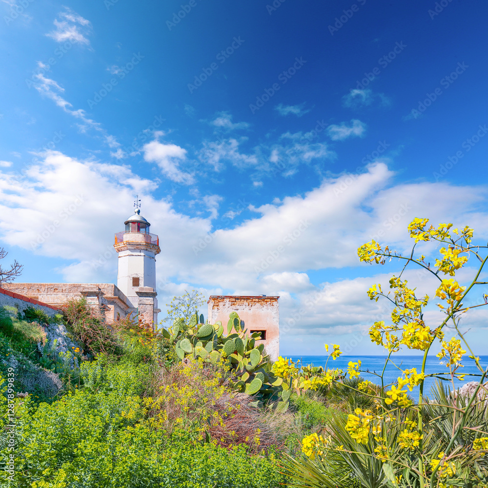 Scenic sunny day over Capo Zafferano Lighthouse