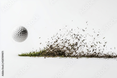Golf ball soaring through the air, creating a burst of grass and dirt in an indoor studio setting