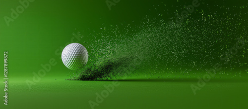 Dynamic studio mockup showcasing a golf ball in motion with a vibrant green background, emphasizing the impact of a powerful golf swing