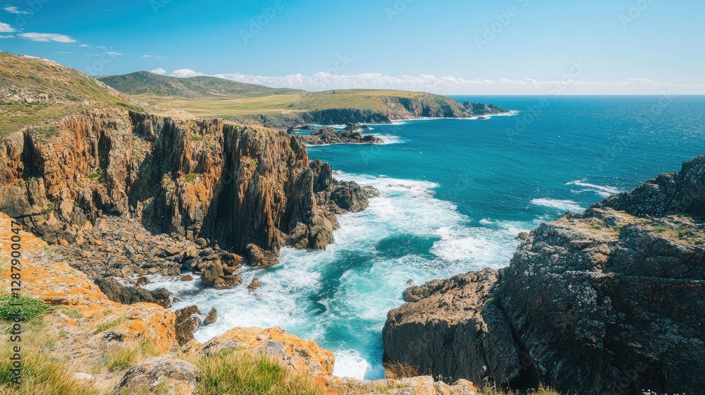 Fototapeta premium A panoramic view of a rugged coastline with waves crashing against the rocks and a clear blue sky.