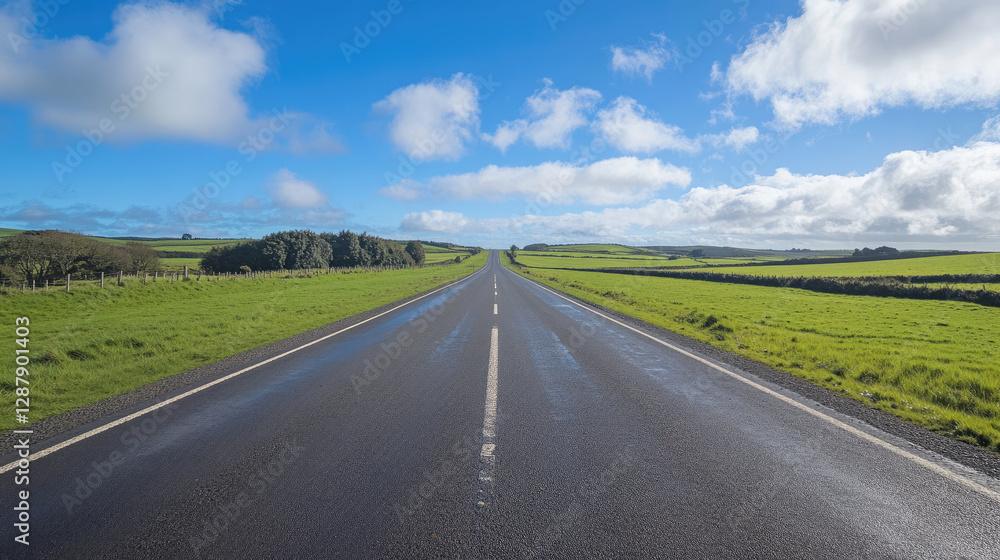 Wide road into distance, flanked by green fields and blue sky. High-definition, horizontal composition. Serene beauty. Wide road into distance, flanked by green fields and blue sky. High-definition, horizontal composition. Serene beauty.
