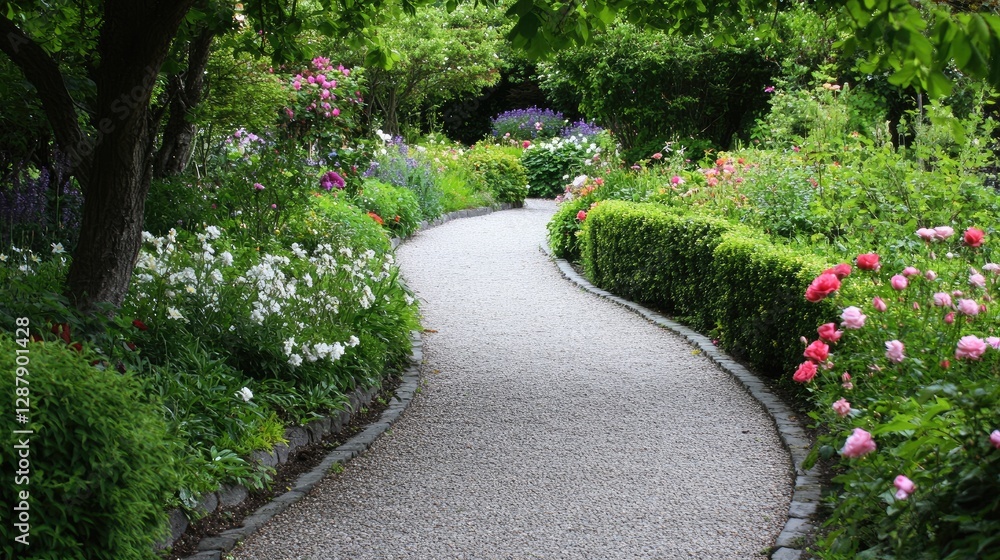 A quiet garden path lined with flowers and shrubs, leading through a peaceful, shaded space. A quiet garden path lined with flowers and shrubs, leading through a peaceful, shaded space.