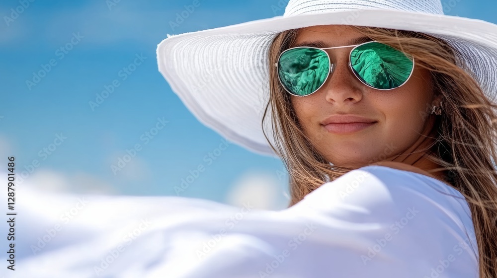 Fototapeta premium Woman wearing a white hat and sunglasses is smiling at the camera. Concept of happiness and relaxation, as the woman is enjoying a sunny day outdoors. The combination of the hat