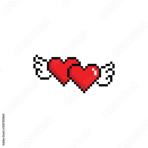 pixel wings with heart  icon.  Vector pixel art wings 8 bit logo for game