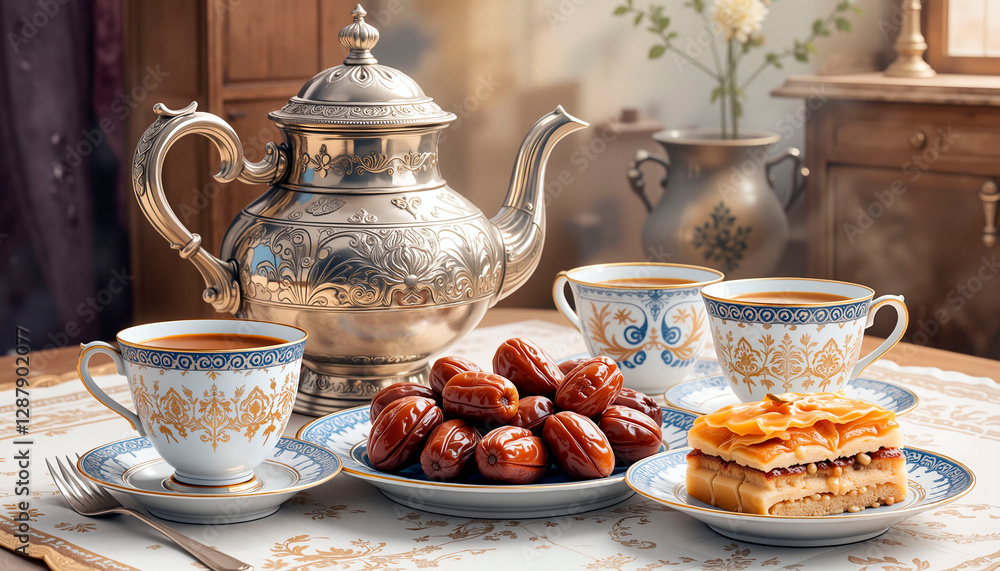Elegant Middle Eastern tea set with ornate silver teapot, dates and traditional sweets Elegant Middle Eastern tea set with ornate silver teapot, dates and traditional sweets