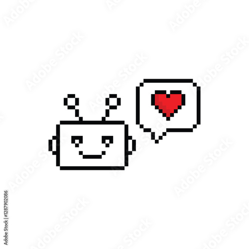   chatbot icon with chat bubble heart 8 bit, pixel art bot icon  for game  logo. 
