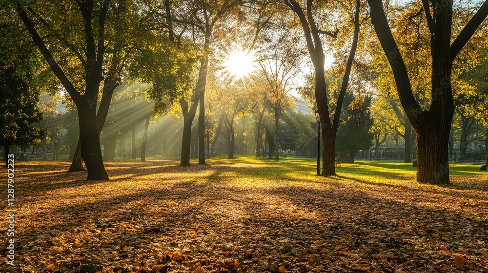 Naklejka premium A serene autumn park with a carpet of fallen leaves and sunlight filtering through the trees.