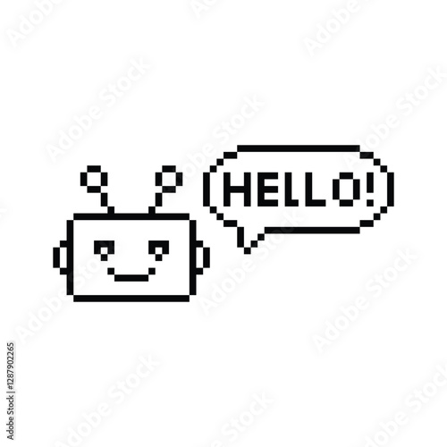   chatbot icon with chat bubble hello 8 bit, pixel art bot icon  for game  logo. 