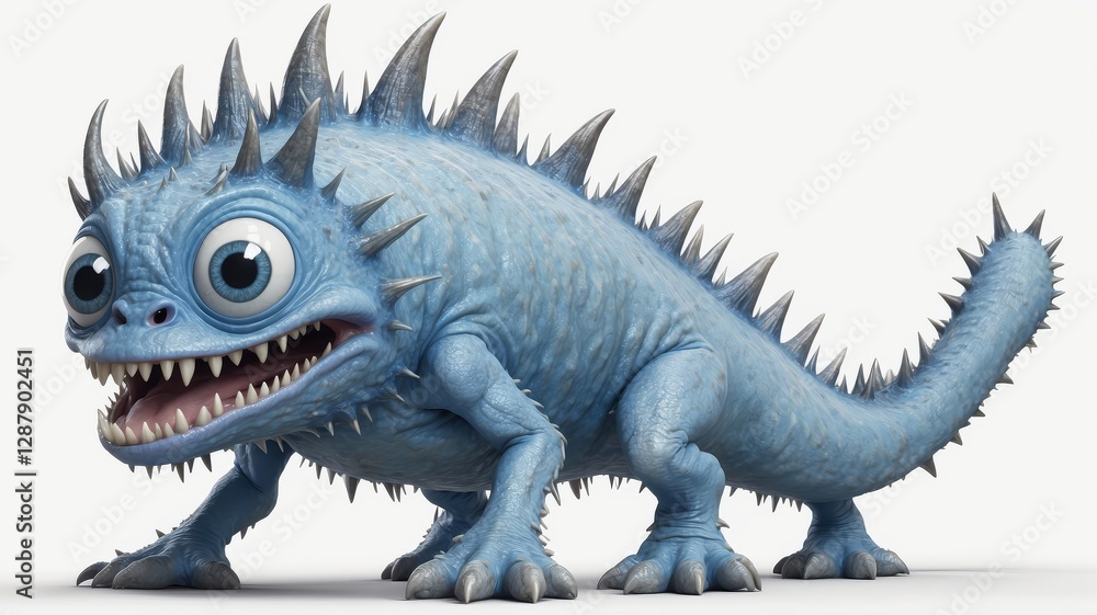 Fototapeta premium Cartoon blue lizard monster with spikes, big eyes, and sharp teeth.
