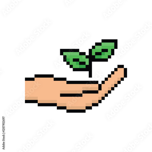  pixel hand holds Leaf  sign icon.  eco ecology sign art icon vector 8 bit game save nature