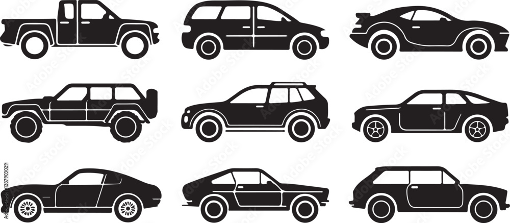 Fototapeta premium Car silhouette icon set in vector design, featuring various car types such as SUVs, sedans, and sports cars, perfect for automotive and vehicle-themed illustrations