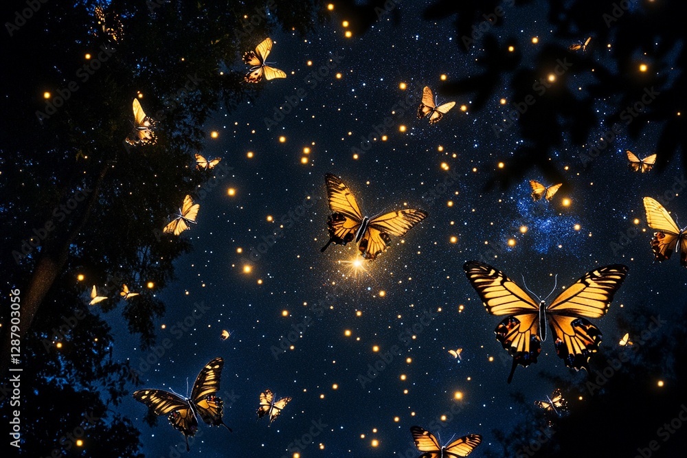 Fototapeta premium Butterflies illuminate a starry night sky in a mesmerizing display of nature's beauty and magic