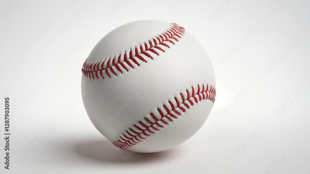 Close-up of a classic white baseball with red stitching against a bright background. Close-up of a classic white baseball with red stitching against a bright background.