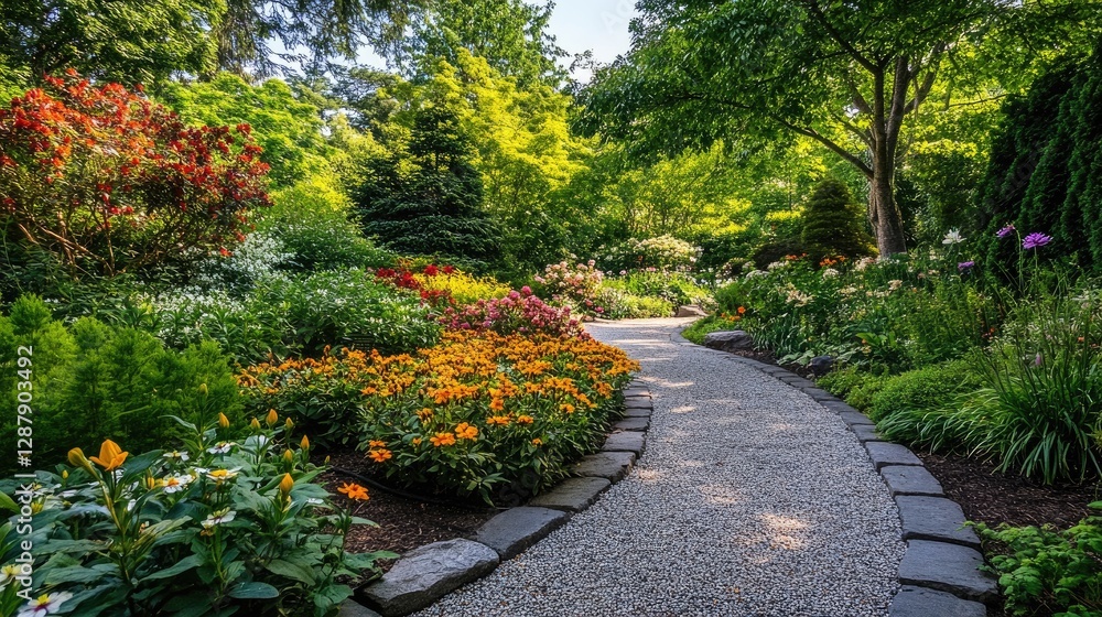 Obraz premium A stone path leading through a vibrant garden full of blooming flowers and shrubs in the warm afternoon sun.