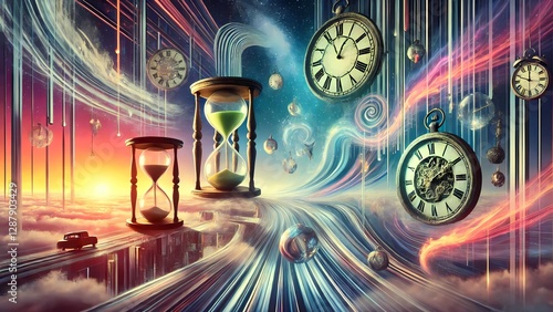 Surreal background depicting the distortion of time. Melting clocks, floating hourglasses, and warped landscapes blend with futuristic neon elements. A dreamlike mix of past and future