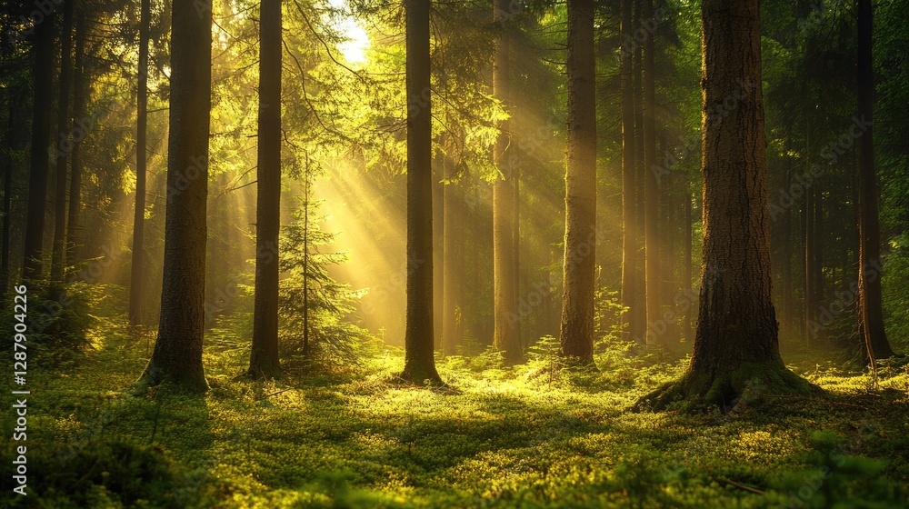 Obraz premium A tranquil evergreen forest scene with a dense wall of trees and a few rays of sunlight shining through the branches.