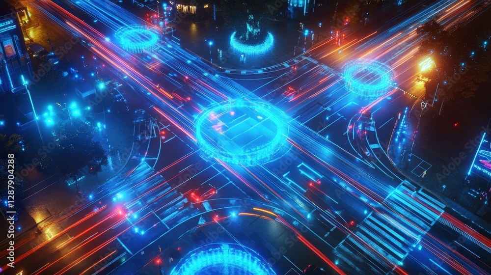 Obraz premium Futuristic City Intersection with Neon Lights and Traffic Patterns