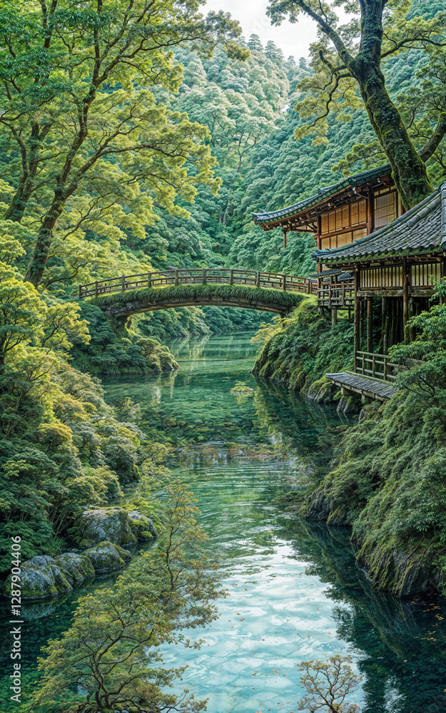 Scenic Japanese traditional stone bridge over a tranquil green river surrounded by lush trees and wooden houses in a peaceful mountain landscape (4) Scenic Japanese traditional stone bridge over a tranquil green river surrounded by lush trees and wooden houses in a peaceful mountain landscape (4)
