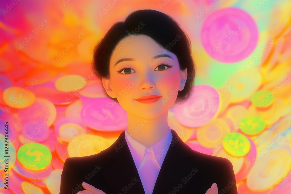 A confident woman in a suit stands with her arms crossed, smiling against a vibrant, colorful background of coins. The scene conveys themes of success and wealth. A confident woman in a suit stands with her arms crossed, smiling against a vibrant, colorful background of coins. The scene conveys themes of success and wealth.