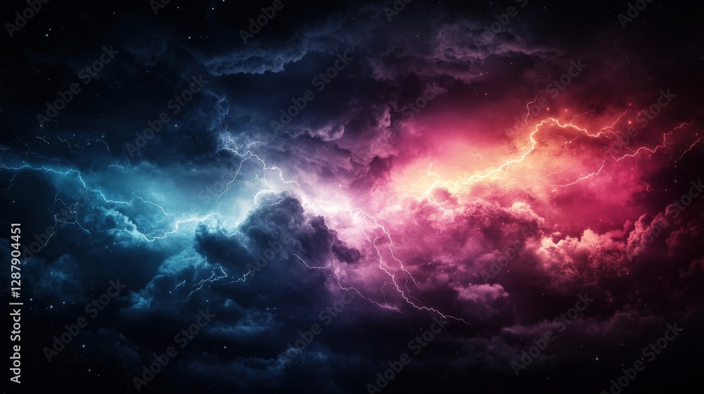 A mesmerizing cosmic scene with vibrant pink and blue lightning bolts illuminating dark clouds. A dramatic display of celestial energy. A mesmerizing cosmic scene with vibrant pink and blue lightning bolts illuminating dark clouds. A dramatic display of celestial energy.