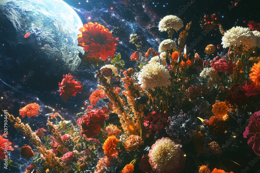Obraz premium Blooming planet full of vibrant flowers set against a cosmic backdrop