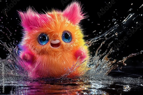 Brightly colored furry creature surrounded by vibrant splashes of paint in an imaginative setting at night