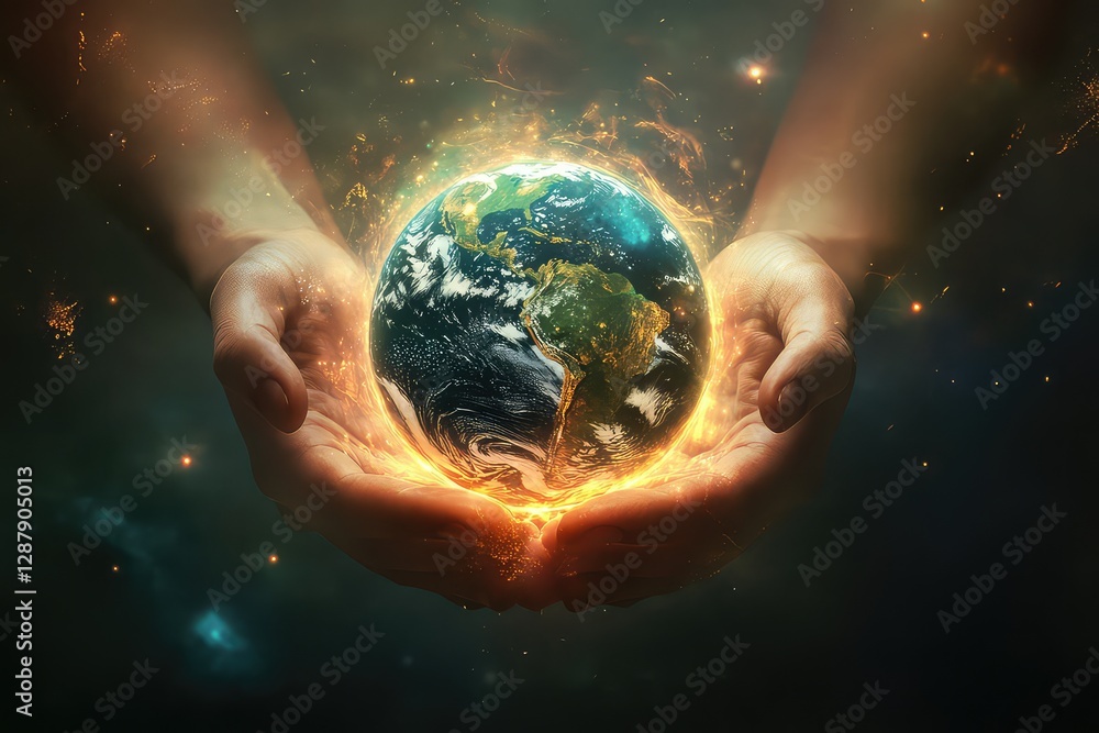 A digital poster design featuring Earth held in human hands, with a glowing aura emphasizing care for the planet. A digital poster design featuring Earth held in human hands, with a glowing aura emphasizing care for the planet.