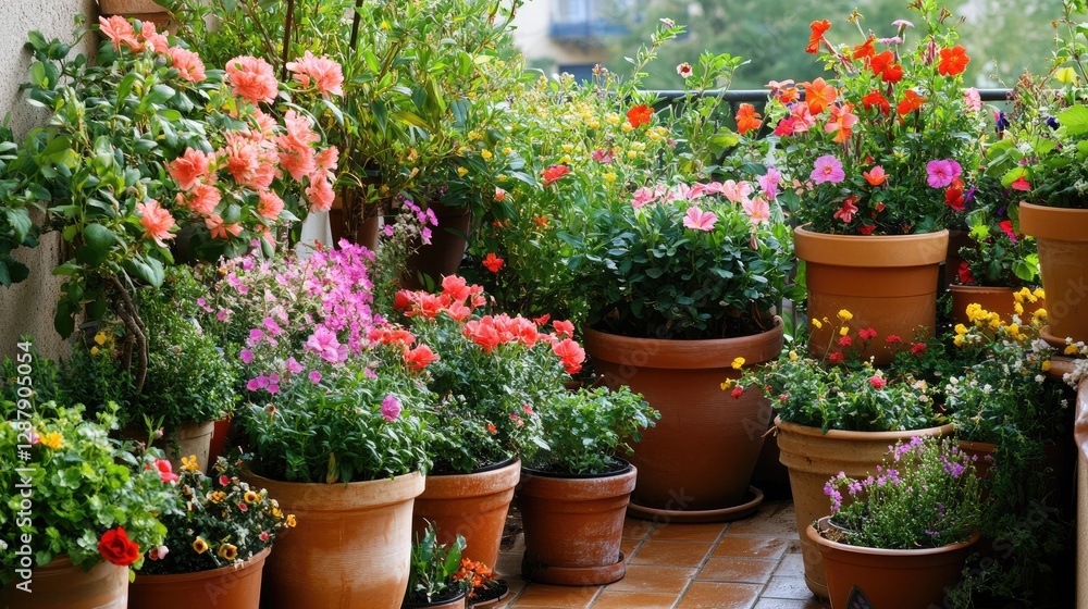 A variety of potted plants with fresh flowers and greenery, arranged on a small garden terrace. A variety of potted plants with fresh flowers and greenery, arranged on a small garden terrace.