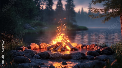 Serene Campfire by the Lake at Dusk