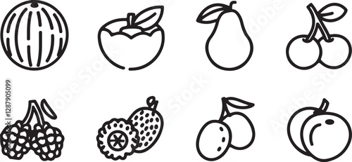 Fruit icon set in vector design, ideal for healthy food graphics, nutrition illustrations, and organic produce themed artworks