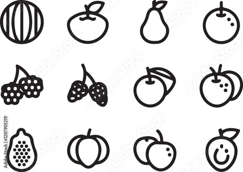 Fruit icon set in vector design, ideal for healthy food graphics, nutrition illustrations, and organic produce themed artworks