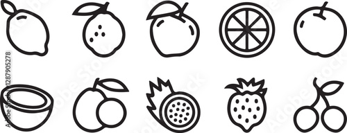Fruit icon set in vector design, ideal for healthy food graphics, nutrition illustrations, and organic produce themed artworks