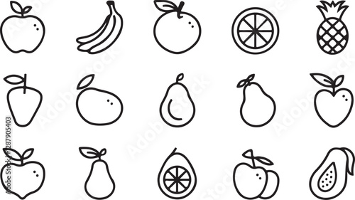 Fruit icon set in vector design, ideal for healthy food graphics, nutrition illustrations, and organic produce themed artworks