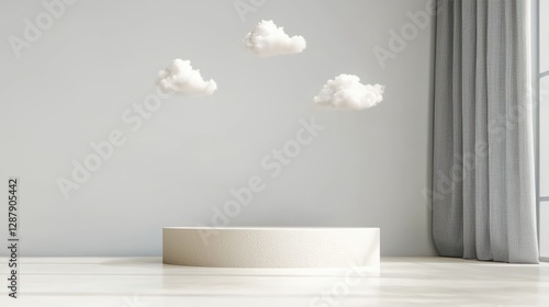 Creative minimalist space featuring floating clouds in a bright room with a circular platform