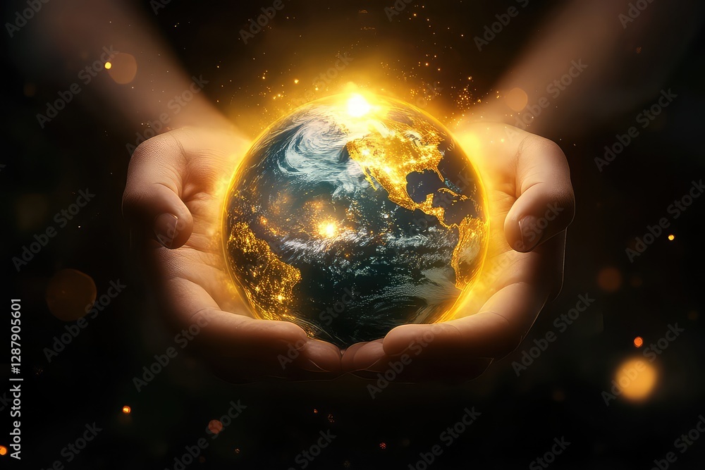 A digital poster design featuring Earth held in human hands, with a glowing aura emphasizing care for the planet. A digital poster design featuring Earth held in human hands, with a glowing aura emphasizing care for the planet.